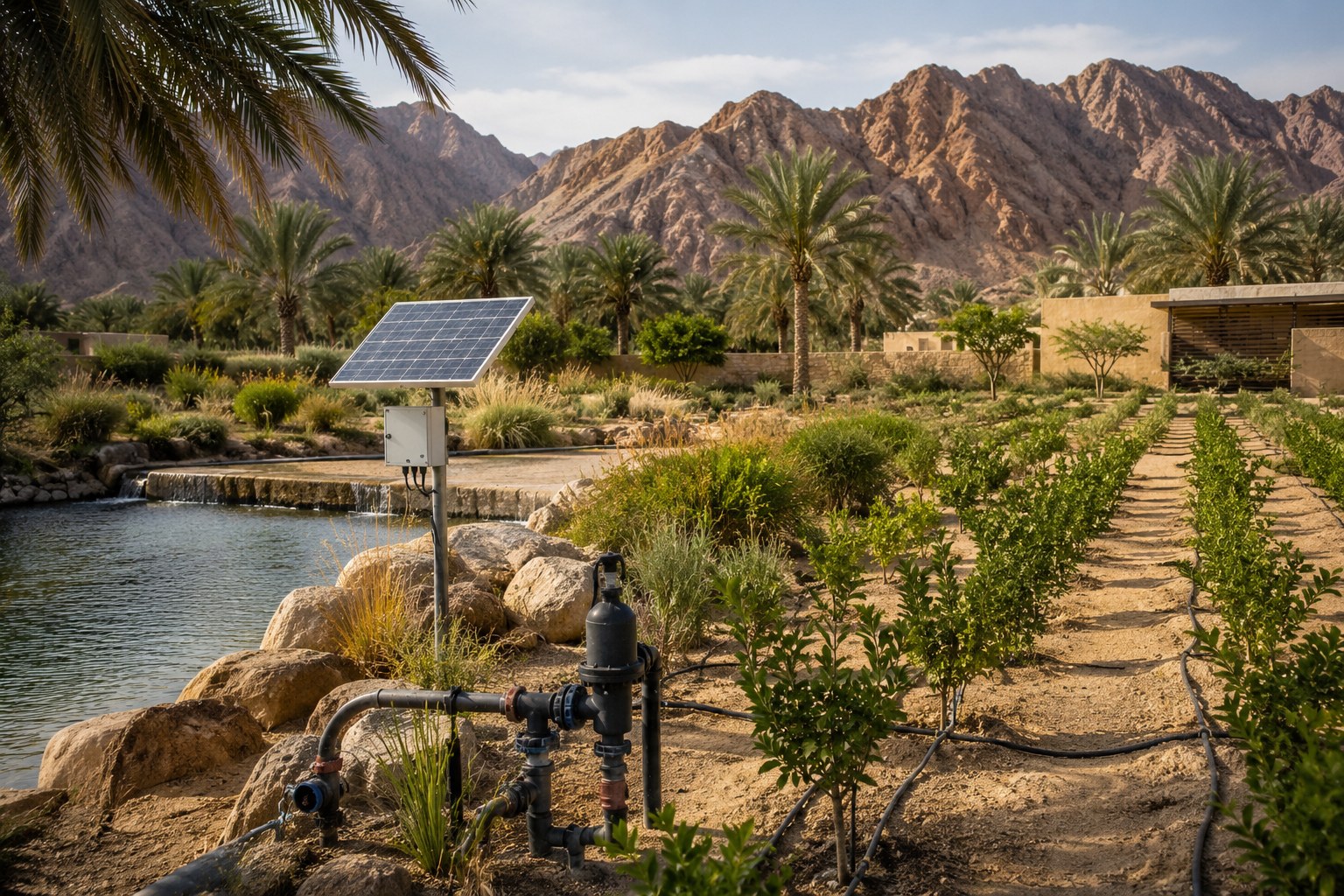 Solar-powered irrigation equipment beside water storage and planted rows in an arid landscape